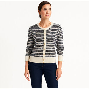 Silk Blend Navy Cream Cardigan Sweater Nautical Gold Buttons Chain Jacquard, S